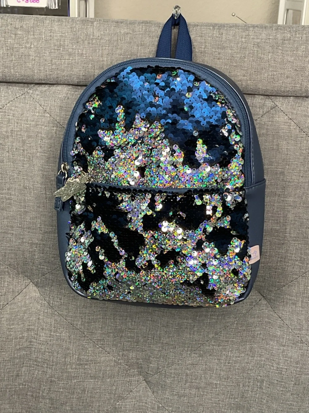 Blue Silver Sequin Mini Backpack Kids Star Charm Zip Bag